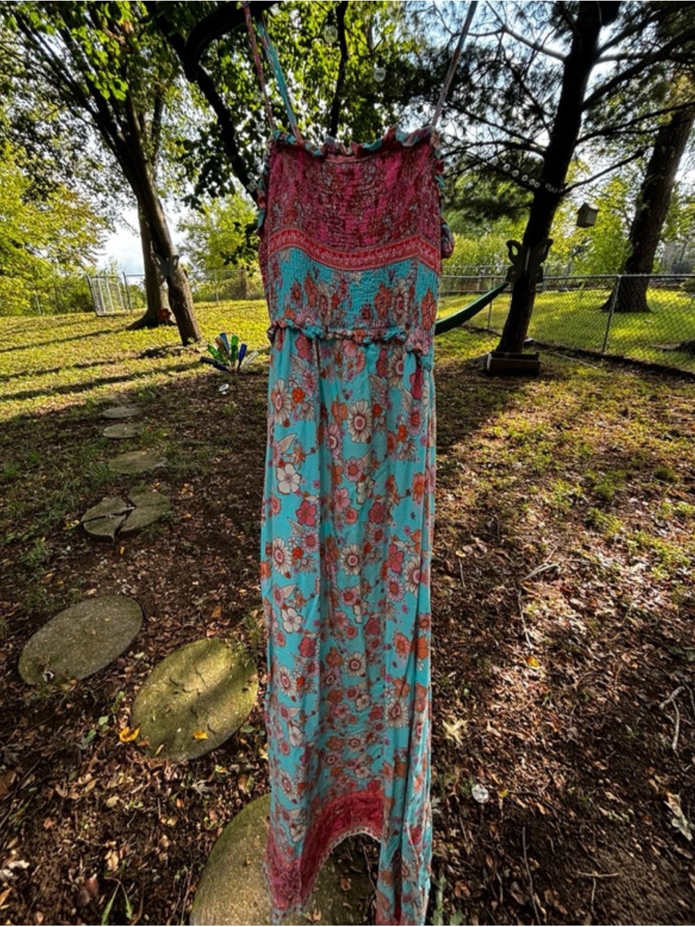 Boho Floral Maxi Dress in Turquoise and Coral size M